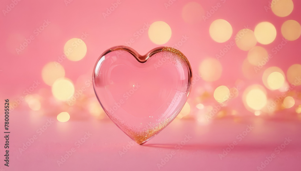 A heart-shaped glass object placed on a vibrant pink background, creating a simple and elegant visual contrast.