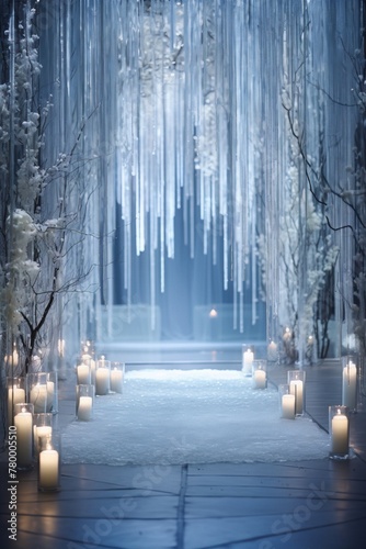 Fairytale winter wedding aisle with candles and frosty trees