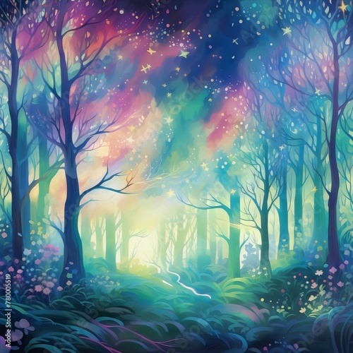 Mystical path through an enchanted forest with a sprinkling of stars and flowers in a surreal painting