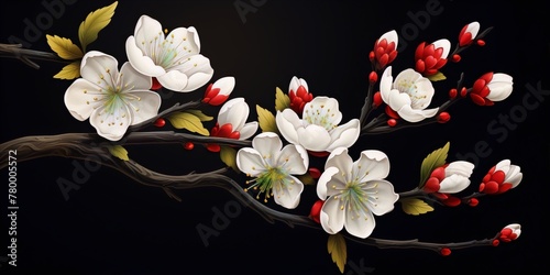 Delicate white and red cherry blossoms against a dark background, in a traditional Japanese style.