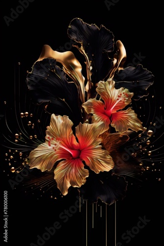 Black and gold 3D rendering of hibiscus flowers with red pistils on a black background.