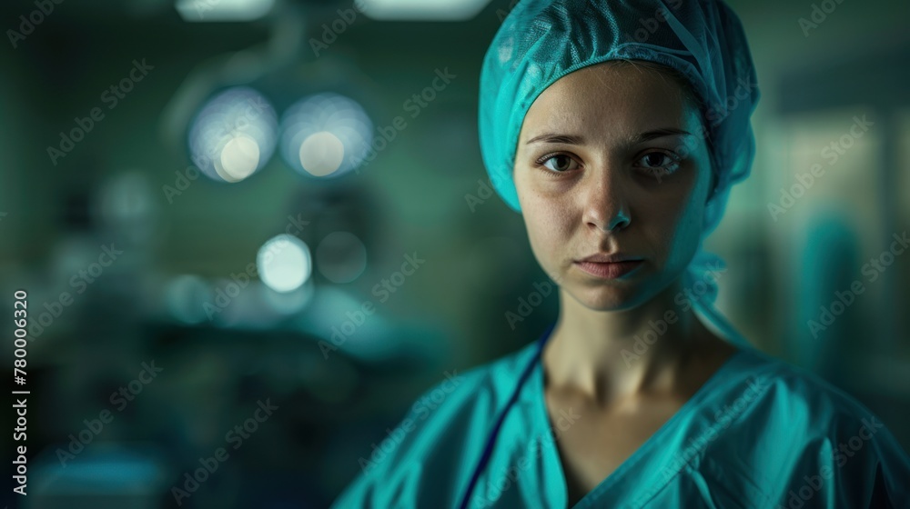 A female healthcare worker in scrubs looks into the camera. A female healthcare worker in scrubs looks into the camera.