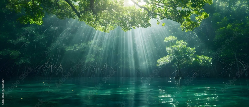 Mystical Mangroves: Sunbeams Dance on Indonesian Waters. Concept Nature Photography, Ocean Beauty, Sunlight Reflections, Tropical Scenery, Mystical Landscape - obrazy, fototapety, plakaty 