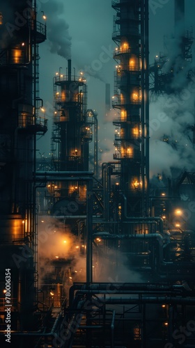 An eerie night scene at an industrial complex, with ambient lighting casting deep shadows and highlighting the intricate pipelines and smoke stacks in sharp focus
