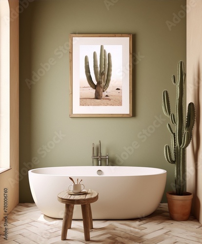 Bathroom interior with bathtub, cactus, stool and picture of cactus in frame, in sage green and beige colors, in modern contemporary style