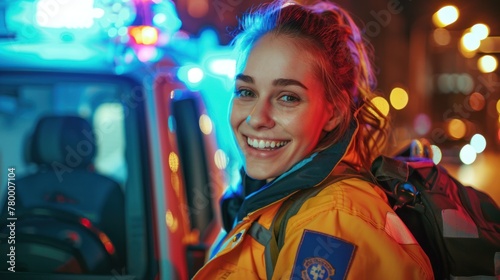 A smiling female paramedic in an orange jacket stands in front of an ambulance at night.