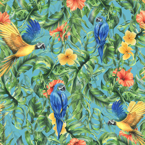 Tropical palm leaves, monstera and flowers of plumeria, hibiscus, bright juicy with blue-yellow macaw parrot. Hand drawn watercolor botanical illustration. Seamless pattern on the blue background. © NATASHA-CHU