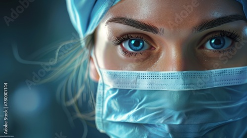 A female doctor with blue eyes and blond hair wears a blue surgical cap and mask looking at the camera close-up. photo