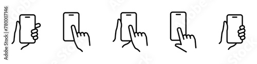 Hand holding phone icon. Swipe illustration set. Mobile touch screen isolated.