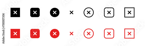 Cross mark vector icon set. Checkbox black pictogram. Wrong symbol. X-mark web illustration. Cancel, deny or reject red buttons isolated.