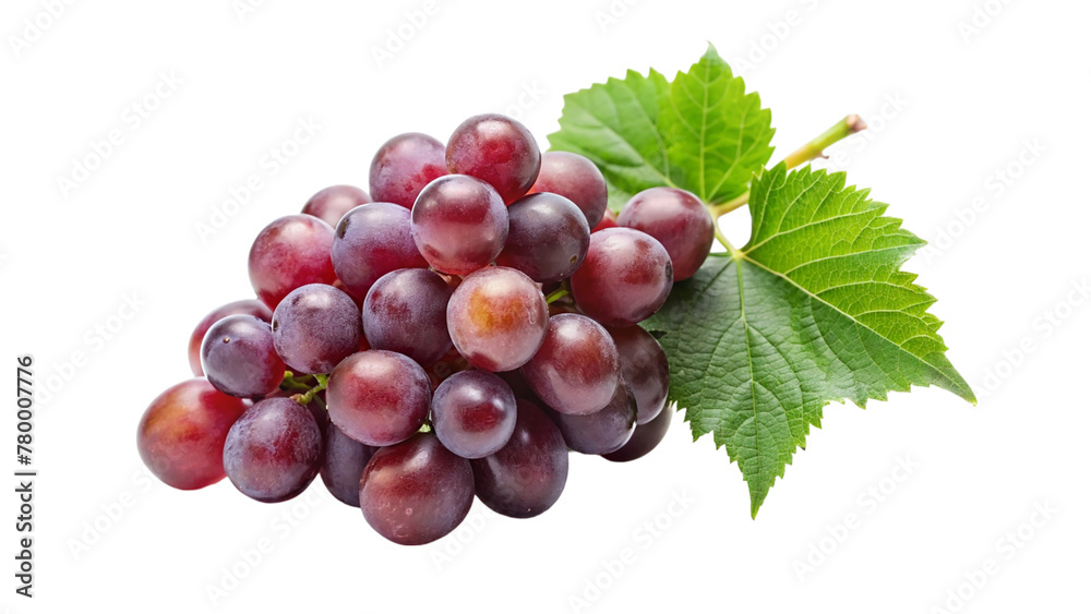 Fototapeta premium Ripe red grapes with leaves isolated on transparent background.