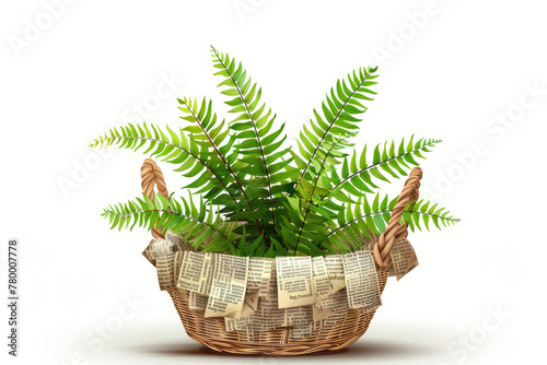 Isolated vector, vibrant fern in a basket made of newspaper, sustainable growth and creativity photo
