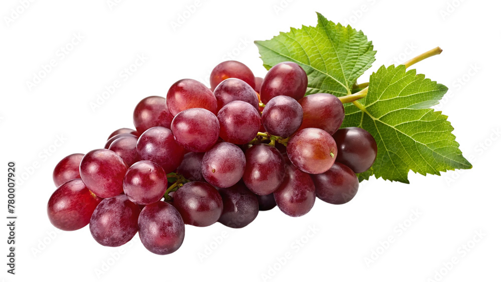 Ripe red grapes with leaves isolated on transparent background.