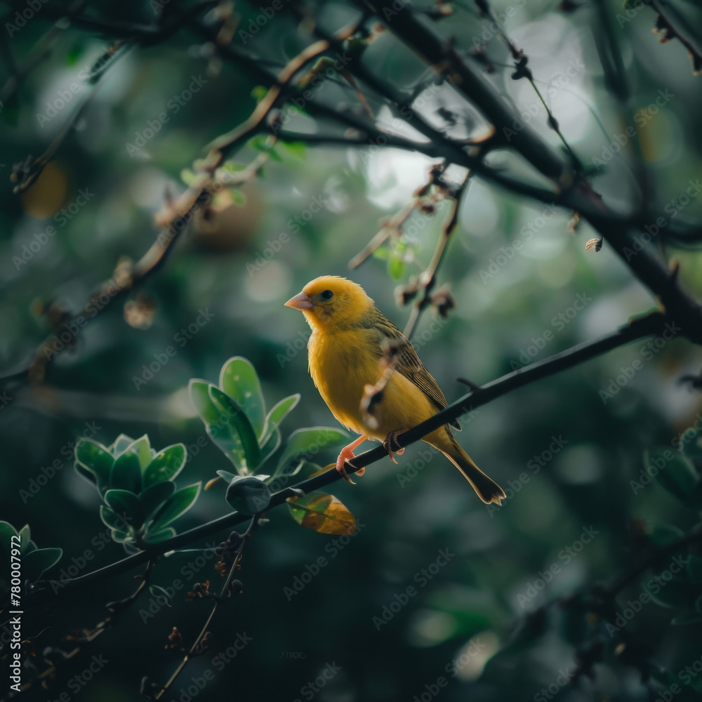 An oriole bird alighted on a branch, its vibrant plumage glowing in the dappled sunlight filtering through the leaves, as it chirps melodiously, adding a burst of color.