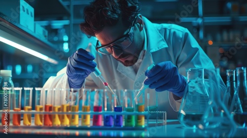 A scientist in a lab coat and glasses works with test tubes and a dropper in the laboratory.