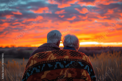 Senior couple from behind, looking at a vibrant sunset, wrapped in a shared blanket, warmth in togetherness