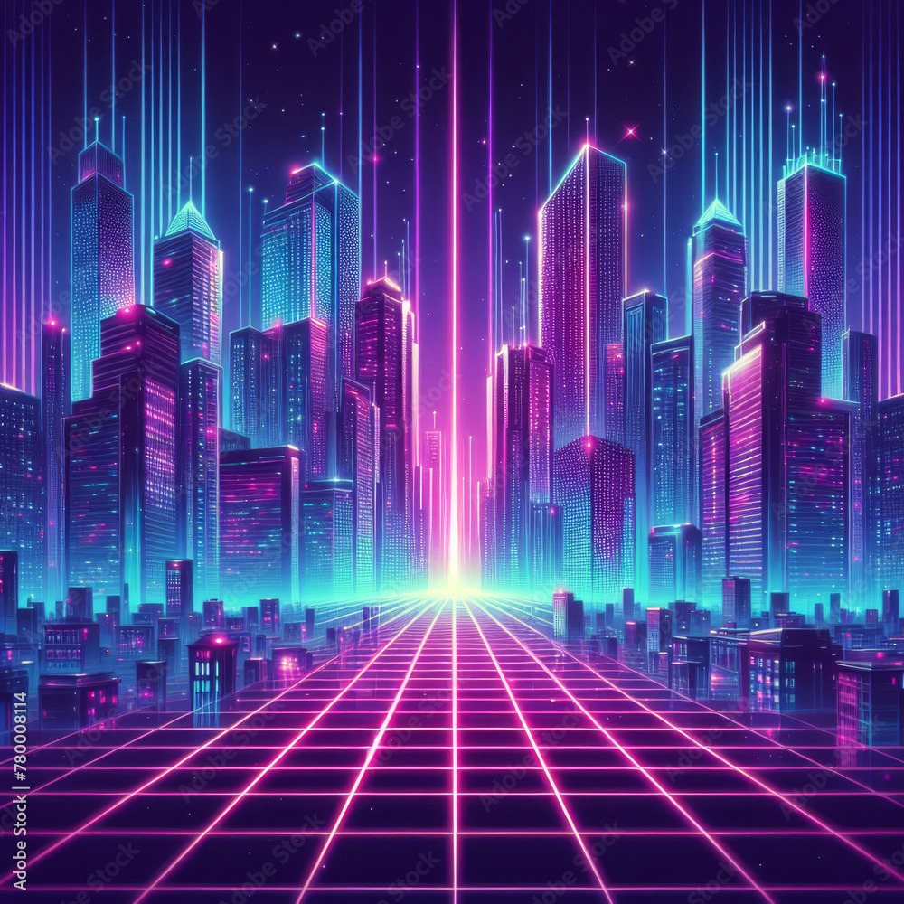 Retro futuristic cyberpunk cityscape, synthwave city background with neon light effect, blue and purple. Retrowave music,  City street, sunset skyline, skyscrapers and building, neon grid lines