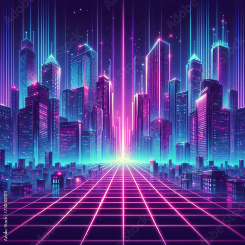 Retro futuristic cyberpunk cityscape, synthwave city background with neon light effect, blue and purple. Retrowave music,  City street, sunset skyline, skyscrapers and building, neon grid lines photo