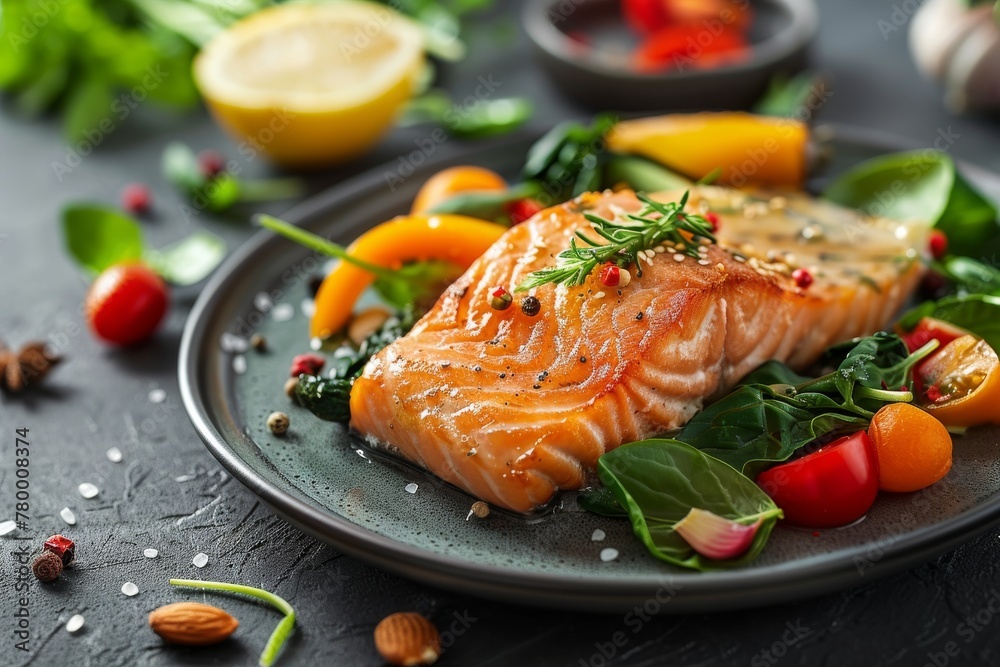 Plate of Salmon and Vegetables on Table Plate of Salmon and Vegetables on Table