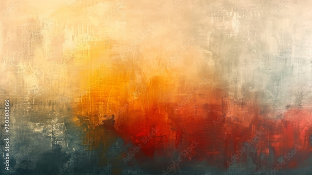 Abstract twilight painting featuring Vermilion, Celadon, Medium Champagne, and Honey Yellow tones. Emphasis on negative space for contemplation.
