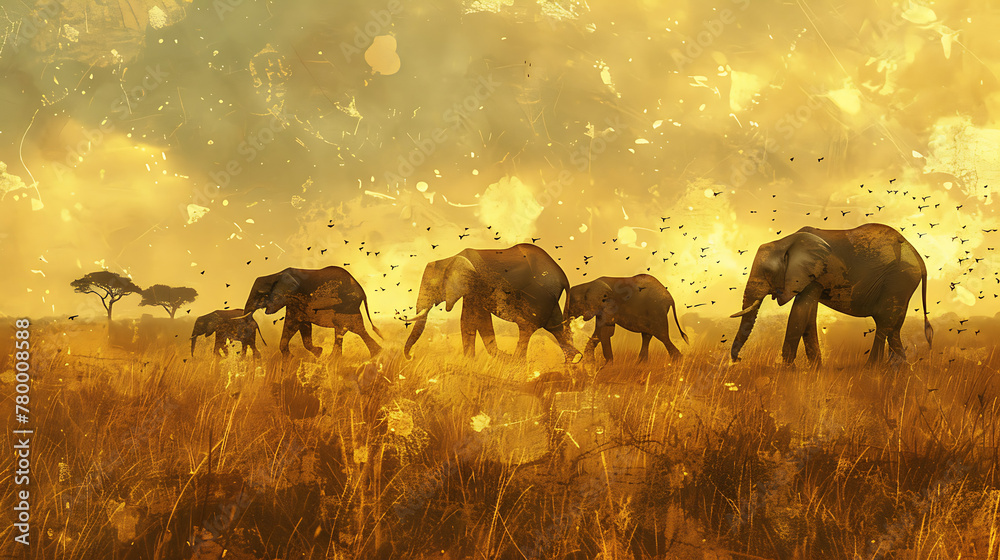 Fototapeta premium A family of elephants traversing the savannah in search of water, their massive silhouettes moving gracefully across the golden grasslands