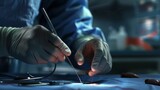 The surgeon performs an operation holding a scalpel in his hands. He is wearing gloves and a blue robe. The background is blurred.