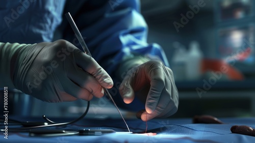 The surgeon performs an operation holding a scalpel in his hands. He is wearing gloves and a blue robe. The background is blurred. photo