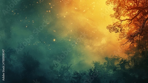 A single grow light cuts through fog under starry sky, creating abstract Vermilion, Celadon, Champagne, and Honey Yellow hues. Minimal, emphasizing negative space.