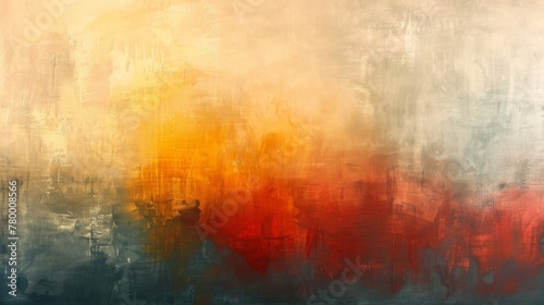 Abstract twilight painting featuring Vermilion, Celadon, Medium Champagne, and Honey Yellow tones. Emphasis on negative space for contemplation.