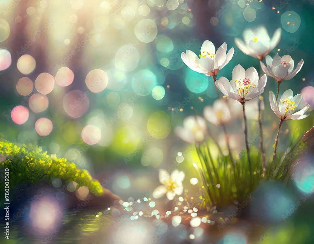 Beautiful white flowers blossom amidst a whimsical bokeh light background in a serene spring scene