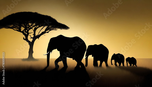 Elephants and their calf standing by an acacia tree against a golden savanna sunset silhouette