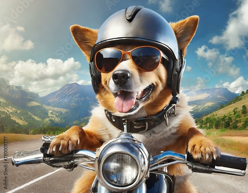 Joyful canine wearing sunglasses and helmet goes for a motorcycle adventure in the mountains © Emil