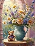 teddy bear toy and bouquet of wild flowers