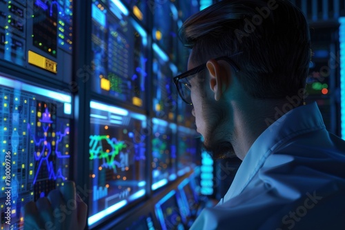 A male IT specialist in a white shirt and glasses looks at a wall of computer screens in a data center.