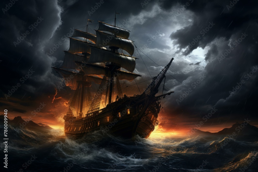 Gloomy Stormy sky ship. Wind sky water. Generate Ai