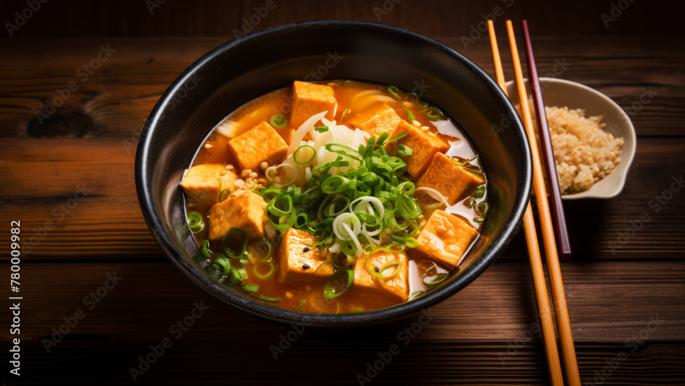 Bowl of healthy miso soup with tofu and green onions on a wooden table with chopsticks top view flat lay shot, asian food concept