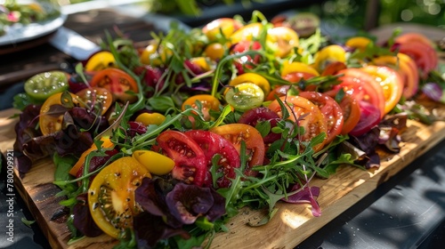  Fresh Heirloom Tomato Salad with Mixed Greens on Wooden Board