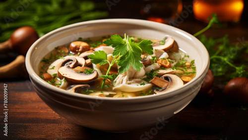 Ceramic bowl with chicken soup, vegetables and mushrooms garnished with parsley on a wooden table, healthy nutrition concept