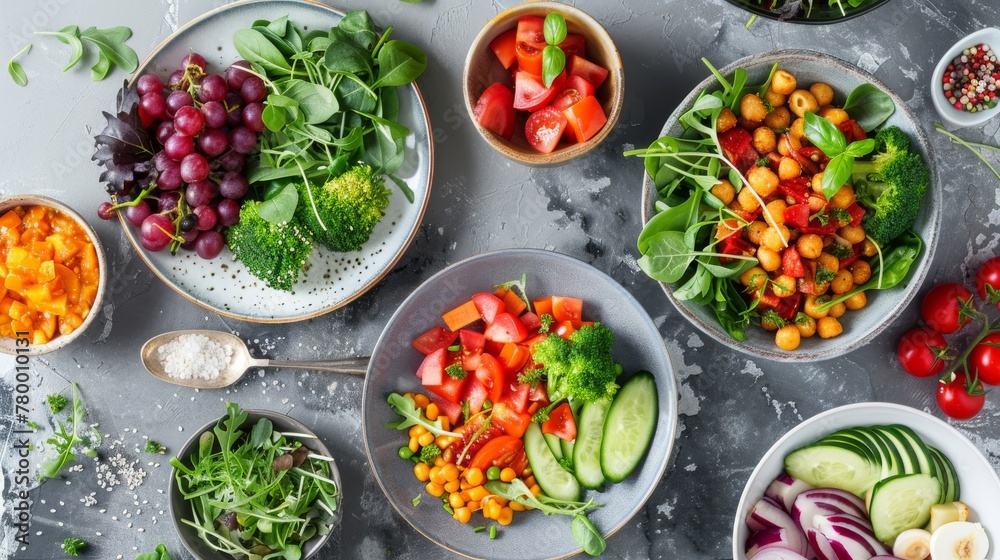 Healthy Vegetarian Bowls with Vegetables and Grains Top View Healthy Vegetarian Bowls with Vegetables and Grains Top View