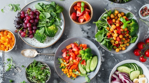 Healthy Vegetarian Bowls with Vegetables and Grains Top View