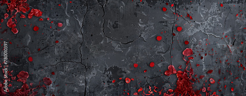 A black wall with drops of red and black paint red and black grunge background. 
