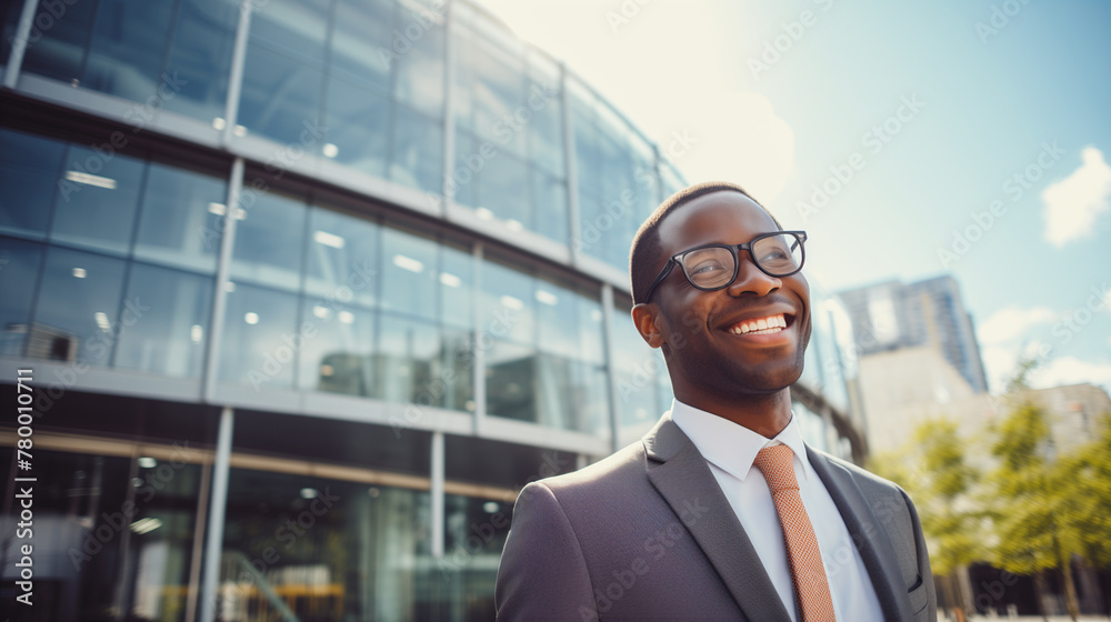 Photo of a smiling African businessman in front of an office building