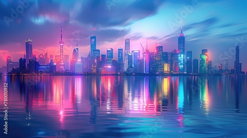 An abstract city skyline with vibrant color gradients and reflection on water  soft tones  fine details  high resolution  high detail  32K Ultra HD  copyspace