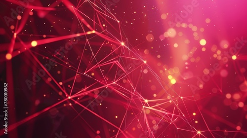 Red and dark abstract geometric background with polygonal connections and sparkles. Network and digital technology concept