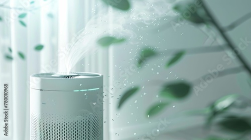 Animated 3D air purifier in action, visible PM25 particles being filtered out. photo
