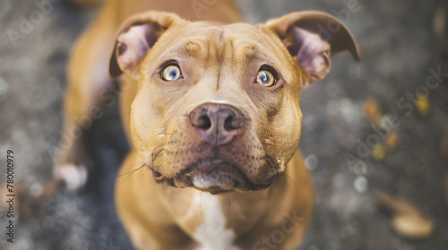 A cute Pitbull dog with floppy ears and soulful eyes, wagging its tail eagerly as it gazes up at its owner with unconditional love and loyalty photo