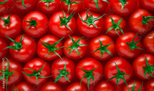 Red tomatoes on red background, Group of fresh tomatoes top view