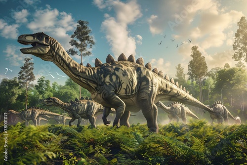 A giant dinosaur makes its way through a thick forest teeming with greenery, towering over the lush landscape as it walks photo