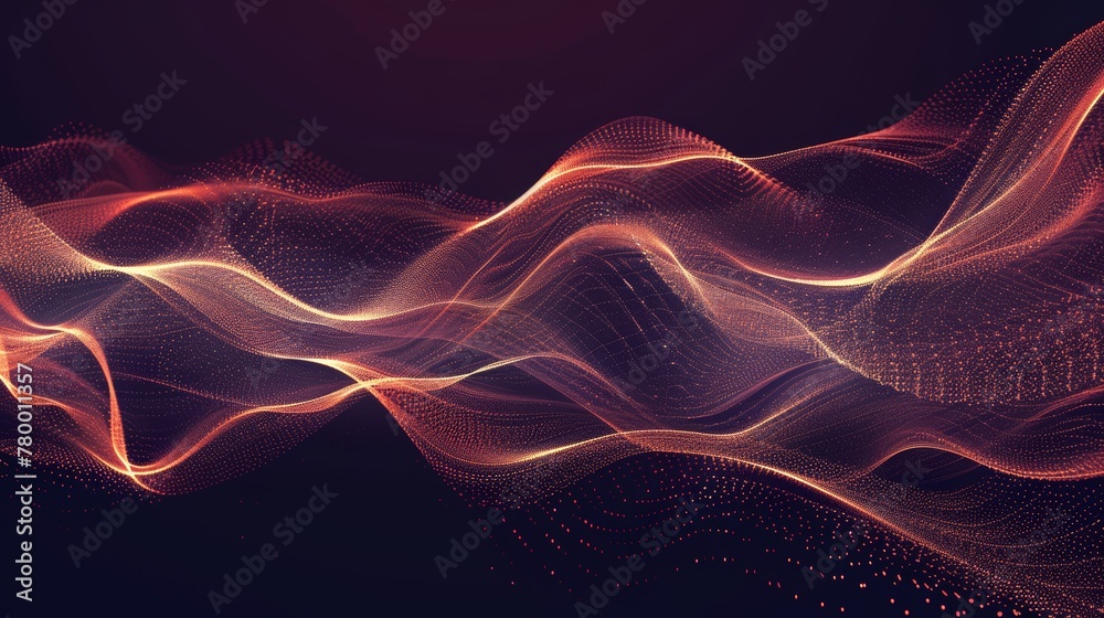 Red and gold particle wave on dark background. Dynamic motion concept for technology wallpaper