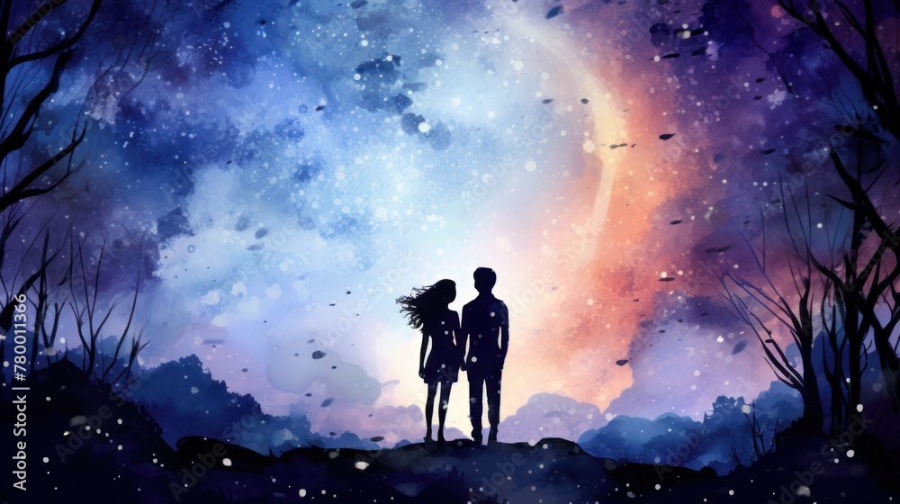 A watercolor couple stands on a hill, holding hands and looking at the sky filled with a galaxy. The sky is blue and pink, with white clouds and stars. Valentine's Day.